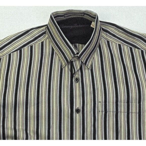 Tommy Bahama Size Medium Mens Silk Black Sage Gray Stripe Button Down Logo Shirt - Picture 9 of 11